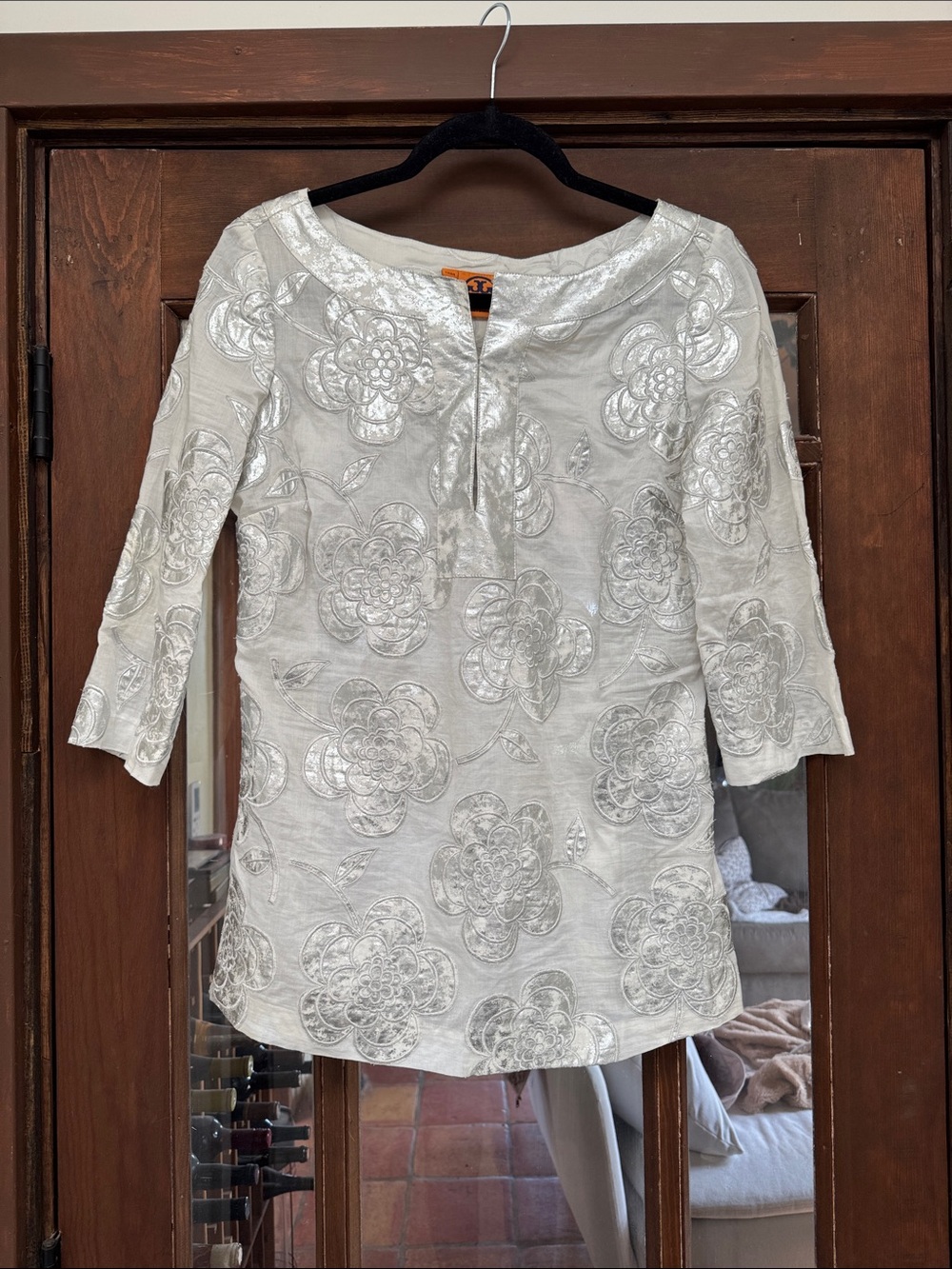Tory Burch White Metallic Silver Floral Tunic